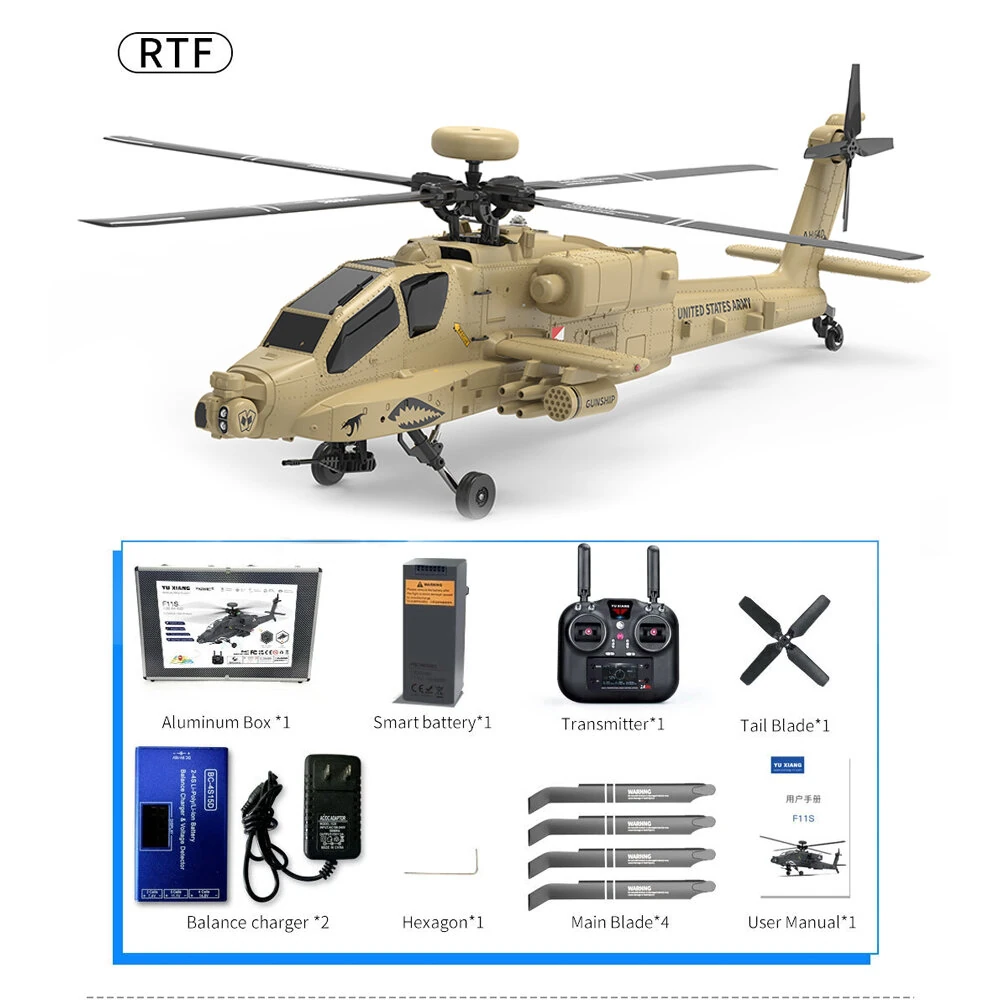 YXZNRC F11-S 1:32 AH-64 Apache Scale 2.4G 6CH GPS Altitude Hold Optical Flow Positioning 5.8G FPV Camera Dual Brushless Motor Flybarless RC Helicopter RTF