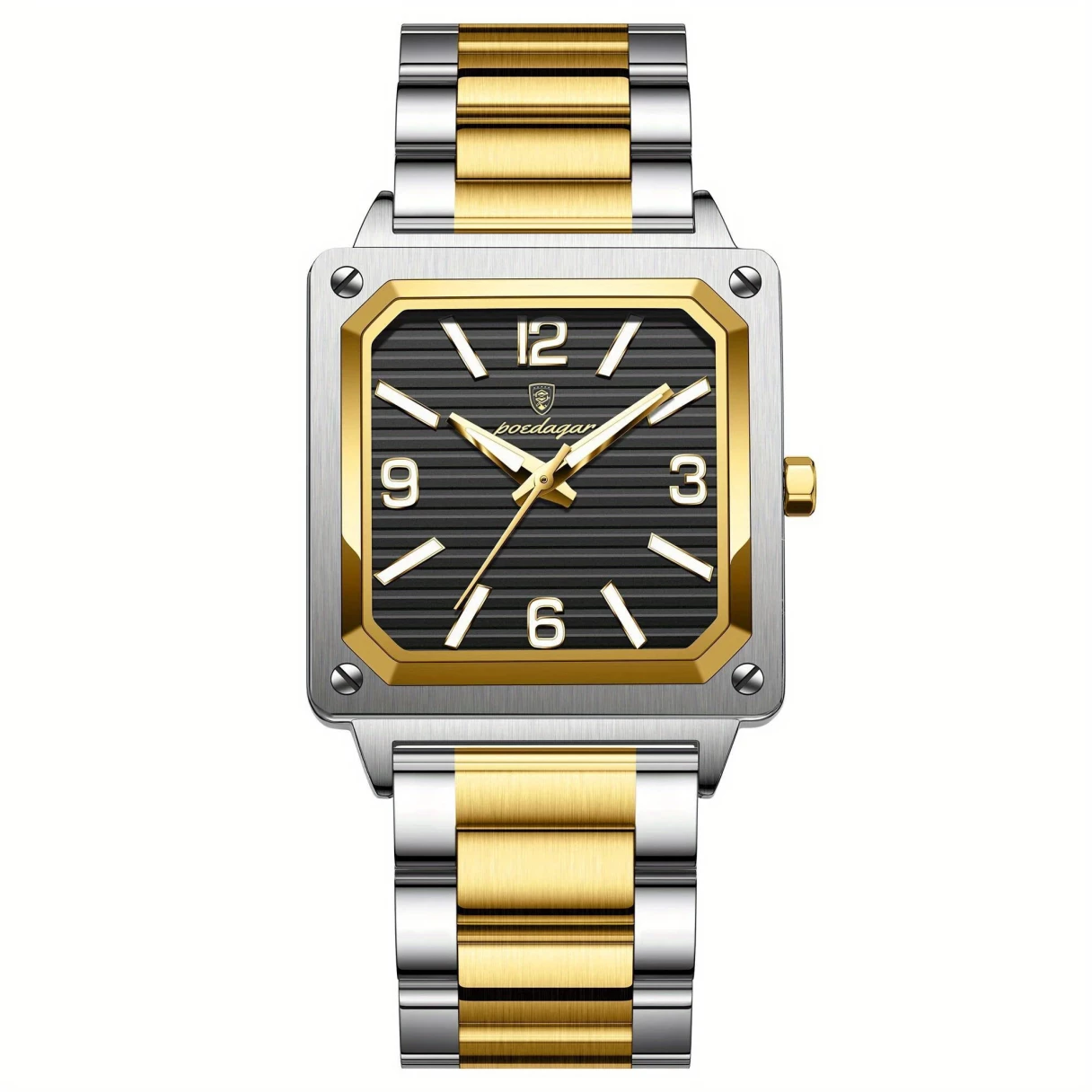POEDAGAR Luxury Fashion Men's Square Business Quartz Watch Waterproof Luminous Stainless Steel Strap Men Watches