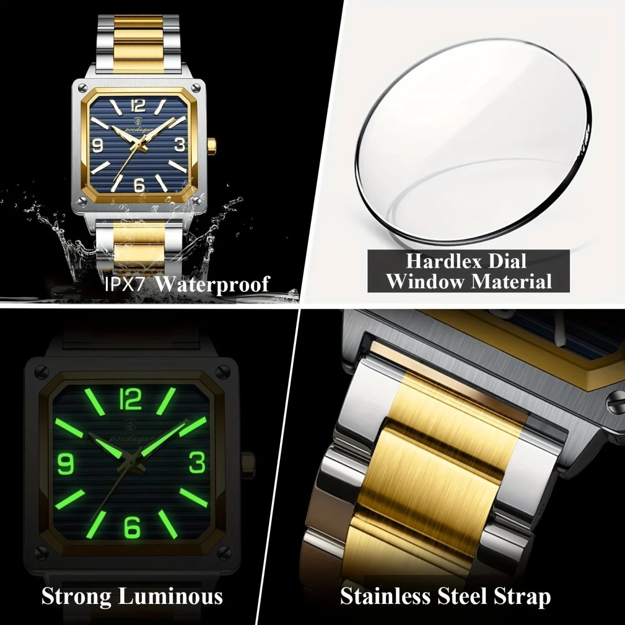 POEDAGAR Luxury Fashion Men's Square Business Quartz Watch Waterproof Luminous Stainless Steel Strap Men Watches