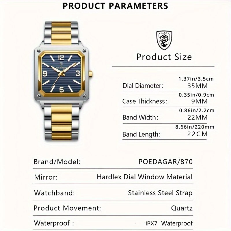 POEDAGAR Luxury Fashion Men's Square Business Quartz Watch Waterproof Luminous Stainless Steel Strap Men Watches