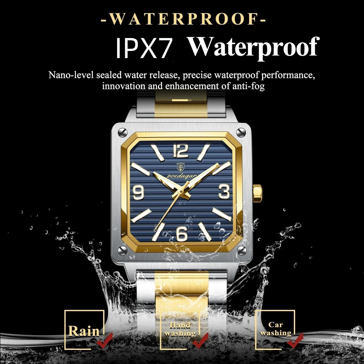 POEDAGAR Luxury Fashion Men's Square Business Quartz Watch Waterproof Luminous Stainless Steel Strap Men Watches