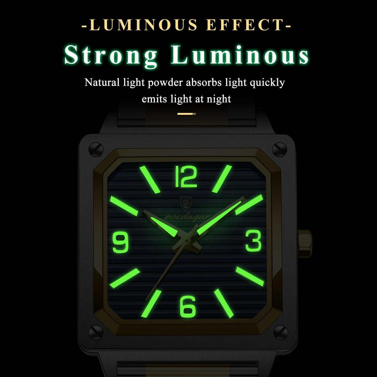POEDAGAR Luxury Fashion Men's Square Business Quartz Watch Waterproof Luminous Stainless Steel Strap Men Watches