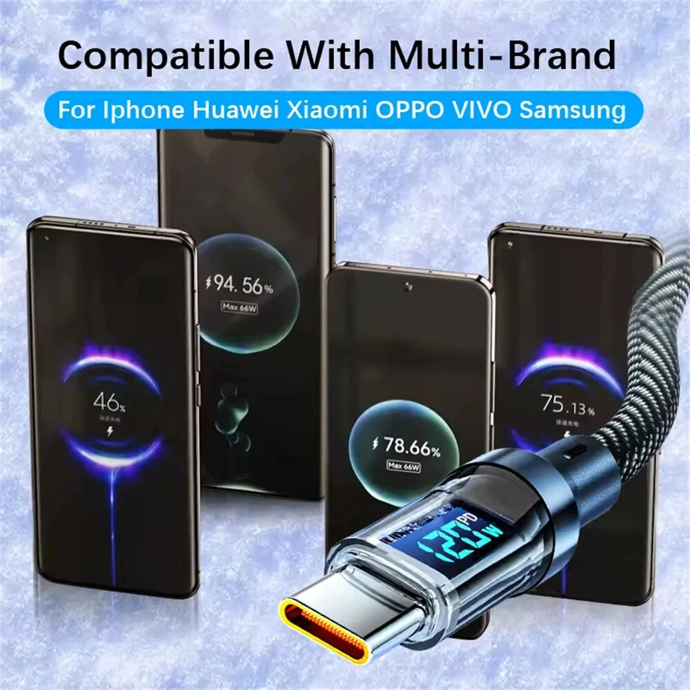 120W USB-A to Type-C Cable with Digital Display Fast Charging Data Transmission Copper Core Line 1M/2M Long for iPhone 15 15 Plus for Huawei Pura 70 Ultra for Xiaomi Civi 4 Pro for Samsung Galaxy S24
