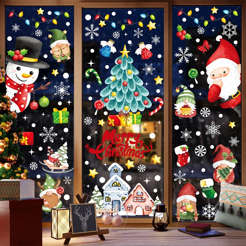 Christmas Static Window Stickers Festive Holiday Decoration Decals Hand-Painted Santa Claus Christmas Tree Stickers Christmas Holiday Decoration Stickers