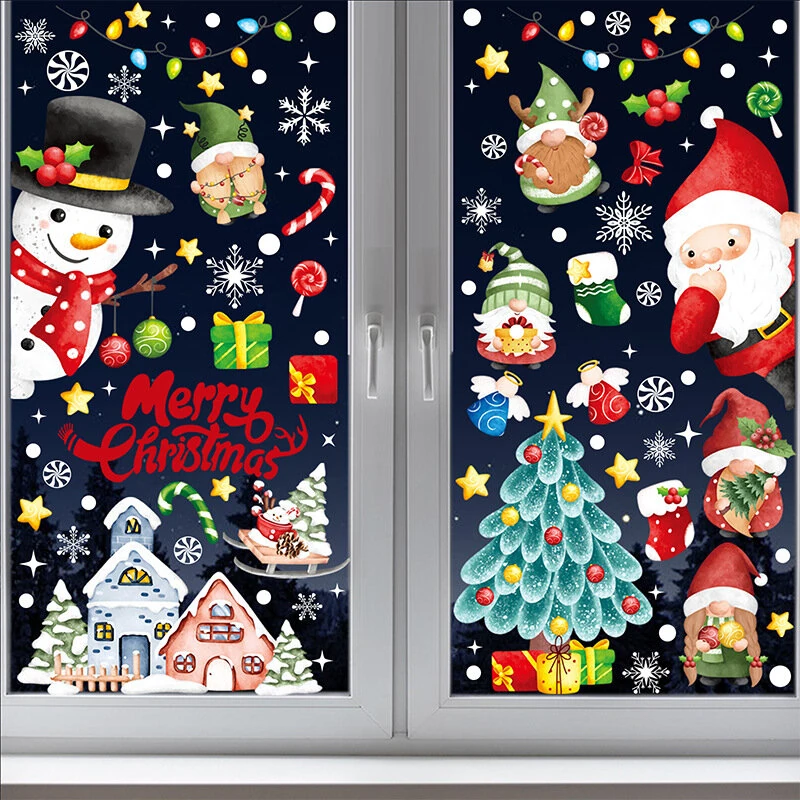 Christmas Static Window Stickers Festive Holiday Decoration Decals Hand-Painted Santa Claus Christmas Tree Stickers Christmas Holiday Decoration Stickers