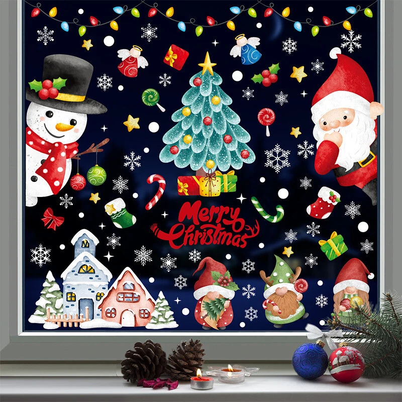 Christmas Static Window Stickers Festive Holiday Decoration Decals Hand-Painted Santa Claus Christmas Tree Stickers Christmas Holiday Decoration Stickers