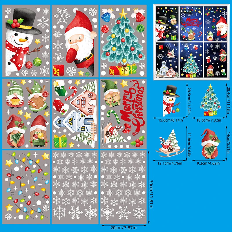 Christmas Static Window Stickers Festive Holiday Decoration Decals Hand-Painted Santa Claus Christmas Tree Stickers Christmas Holiday Decoration Stickers