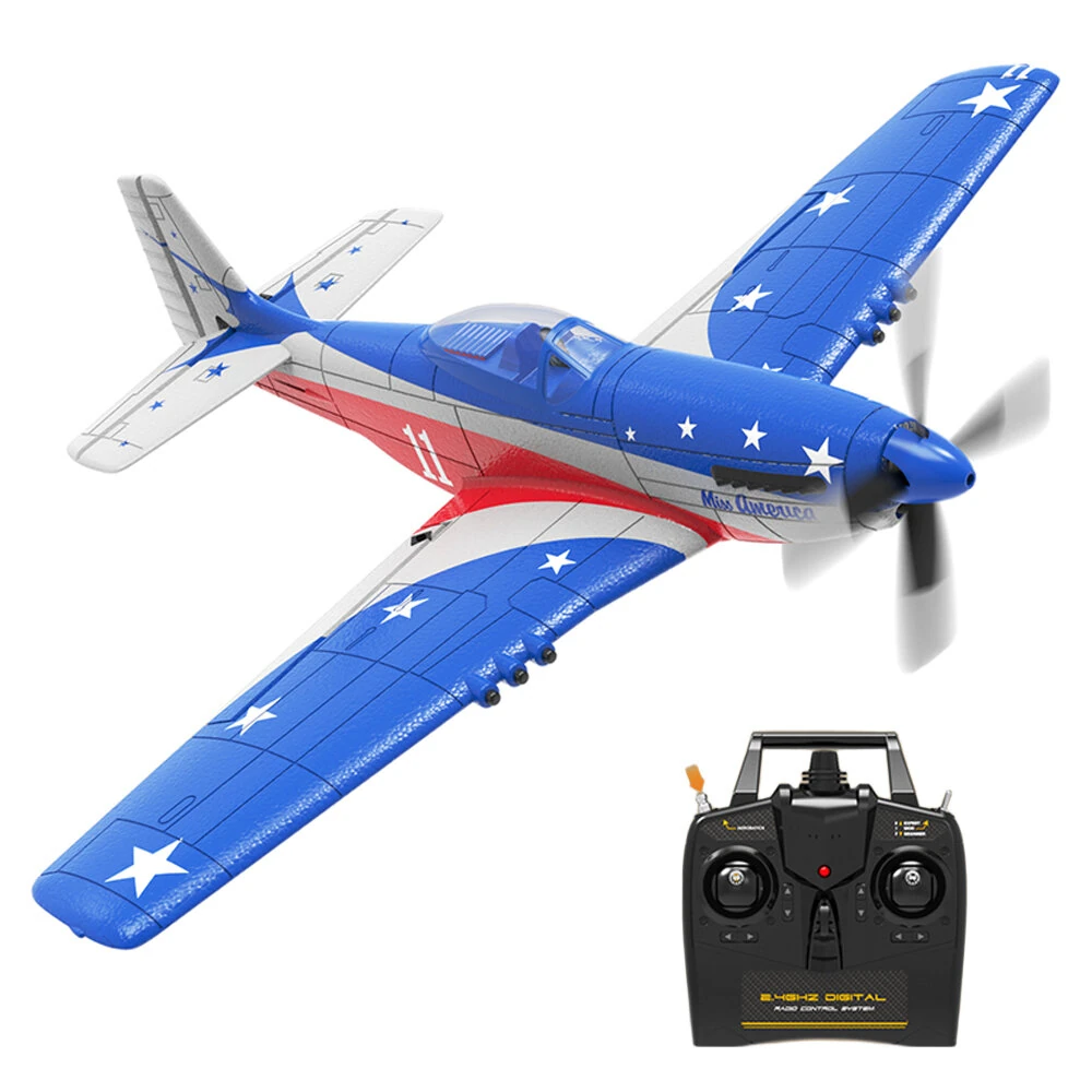 Volantexrc Mini Mustang P-51D Miss America EPP 400mm Wingspan 2.4G 4CH 6-Axis Gyro One Key Aerobatics  XPilot Stabilization System RC Airplane Trainer RTF for Beginner