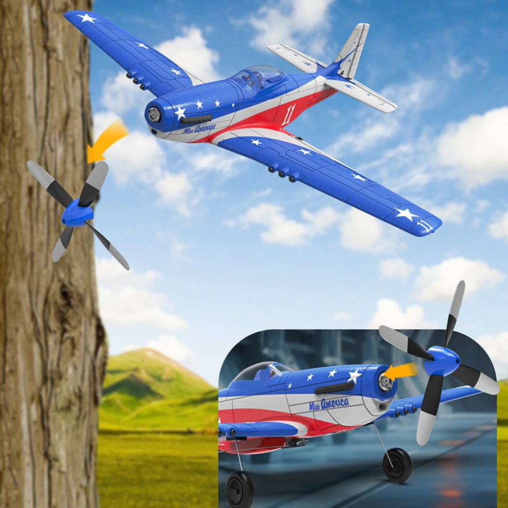 Volantexrc Mini Mustang P-51D Miss America EPP 400mm Wingspan 2.4G 4CH 6-Axis Gyro One Key Aerobatics  XPilot Stabilization System RC Airplane Trainer RTF for Beginner