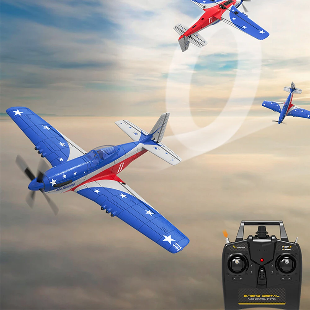 Volantexrc Mini Mustang P-51D Miss America EPP 400mm Wingspan 2.4G 4CH 6-Axis Gyro One Key Aerobatics  XPilot Stabilization System RC Airplane Trainer RTF for Beginner