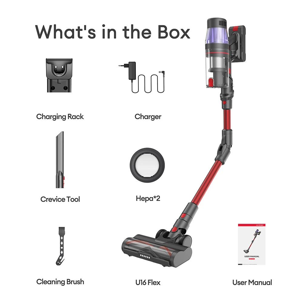 [EU Direct] Proscenic P16 & Ultenic U16 Flex Cordless Stick Vacuum Cleaner,550W/50Kpa,180°Bendable Wand, Green LED Headlight, Digital LED Display, Rechargeable Lightweight Stick Vacuum for Home