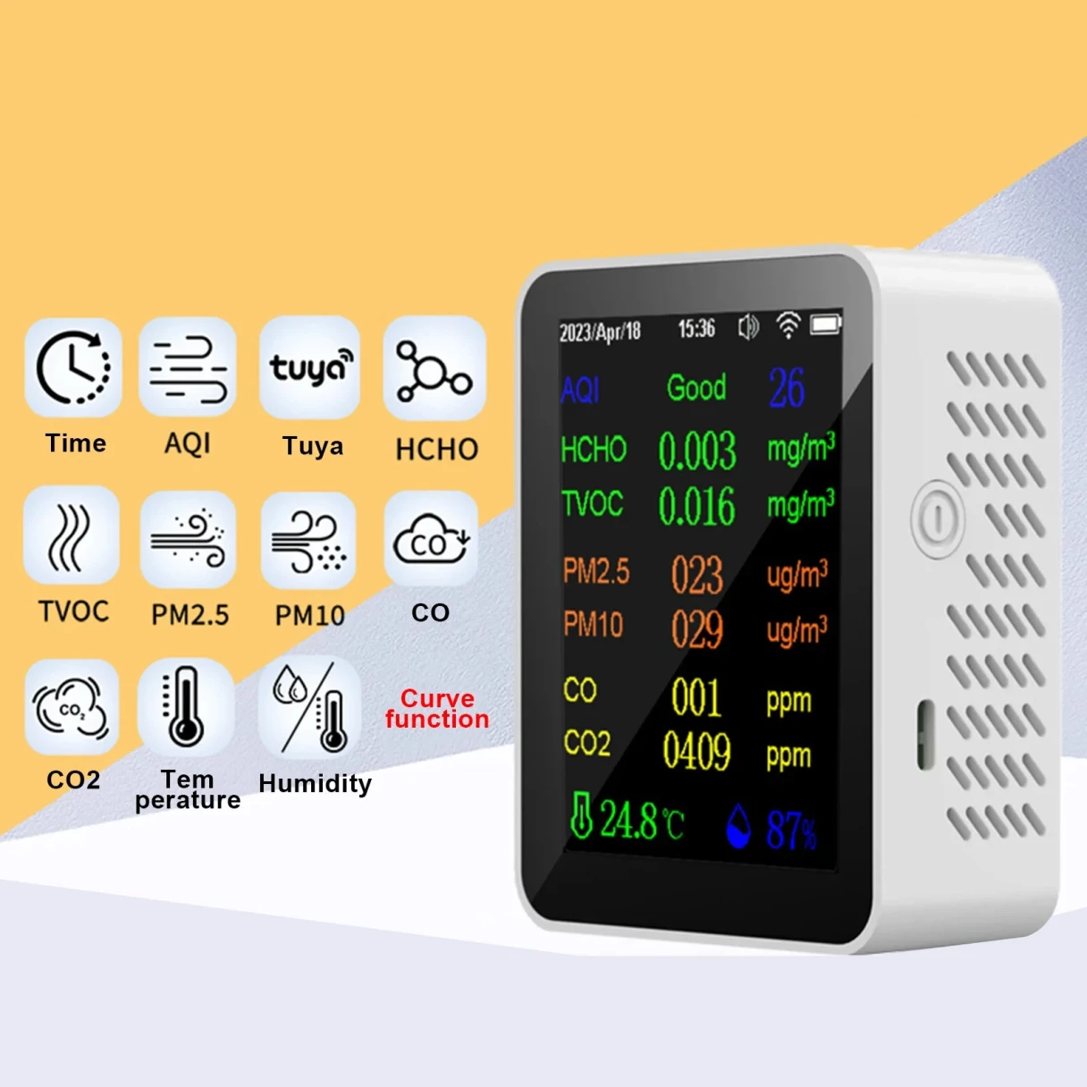 12-in-1 Air Quality Monitor Tuya wifi HCHO CO Formaldehyde Portable Carbon Dioxide Detector with Real-Time Data CO2 HCHO TVOC PM2.5 PM10 CO Temperature Humidity Meter USB Charging WiFi Enabled for Home and Office Use