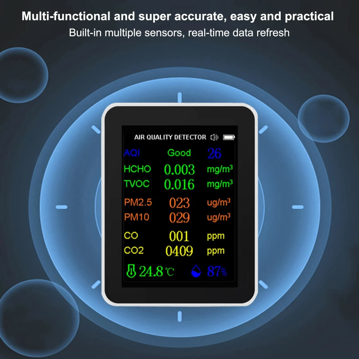 12-in-1 Air Quality Monitor Tuya wifi HCHO CO Formaldehyde Portable Carbon Dioxide Detector with Real-Time Data CO2 HCHO TVOC PM2.5 PM10 CO Temperature Humidity Meter USB Charging WiFi Enabled for Home and Office Use