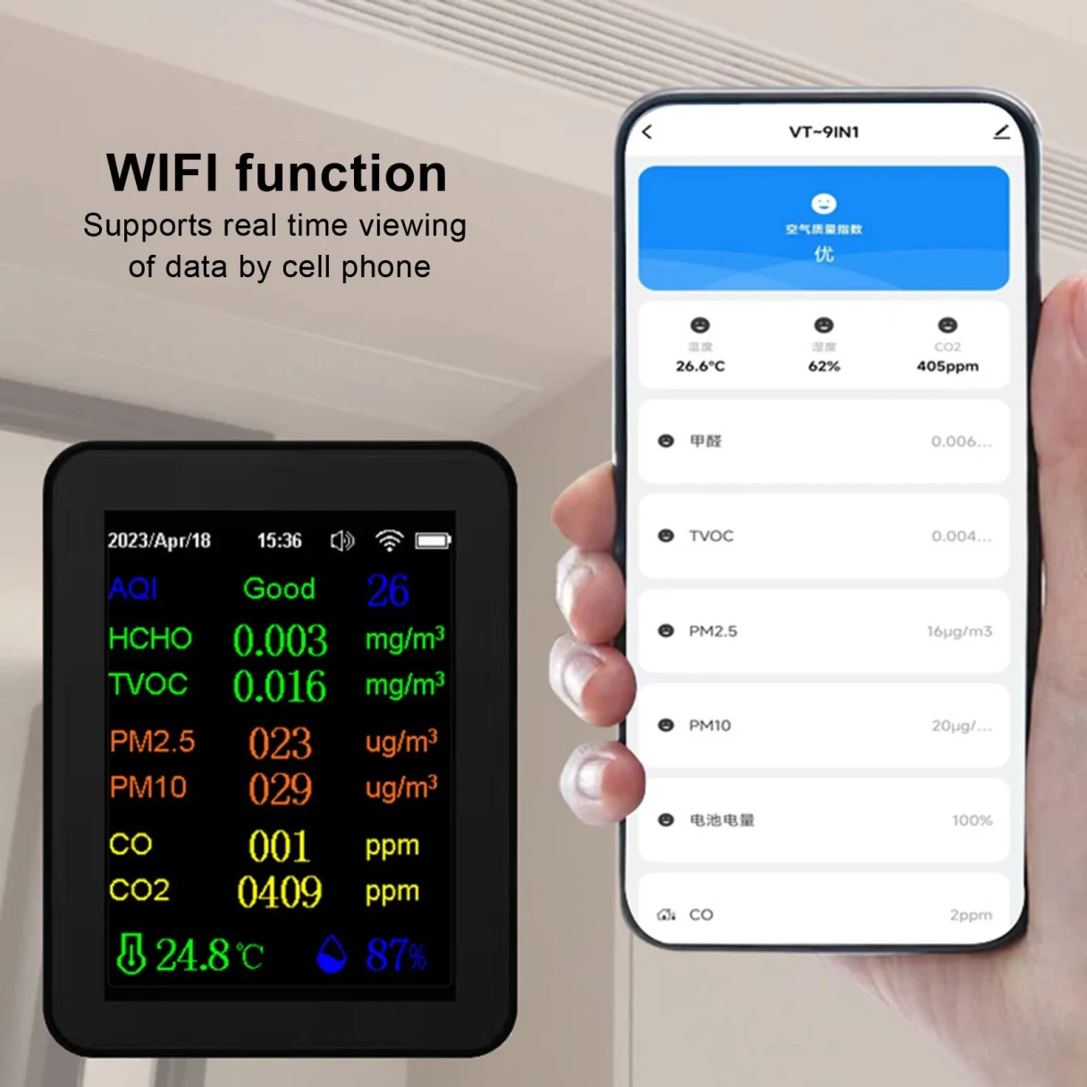 12-in-1 Air Quality Monitor Tuya wifi HCHO CO Formaldehyde Portable Carbon Dioxide Detector with Real-Time Data CO2 HCHO TVOC PM2.5 PM10 CO Temperature Humidity Meter USB Charging WiFi Enabled for Home and Office Use