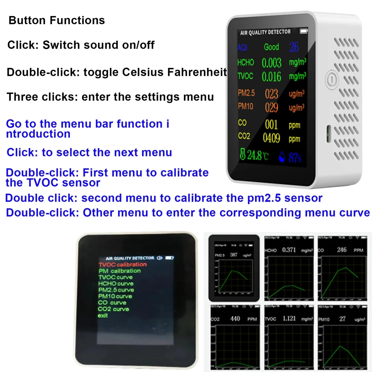 12-in-1 Air Quality Monitor Tuya wifi HCHO CO Formaldehyde Portable Carbon Dioxide Detector with Real-Time Data CO2 HCHO TVOC PM2.5 PM10 CO Temperature Humidity Meter USB Charging WiFi Enabled for Home and Office Use