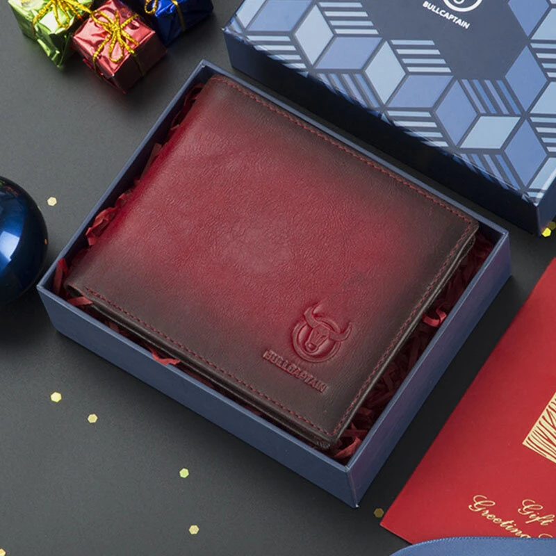 BULLCAPTAIN Genuine Leather RFID Blocking Wallet for Men, Retro Thin Short Multi-functional ID Credit Card Holder Multiple Card Slots Purse with Gift Box, Gifts To Mens Birthday