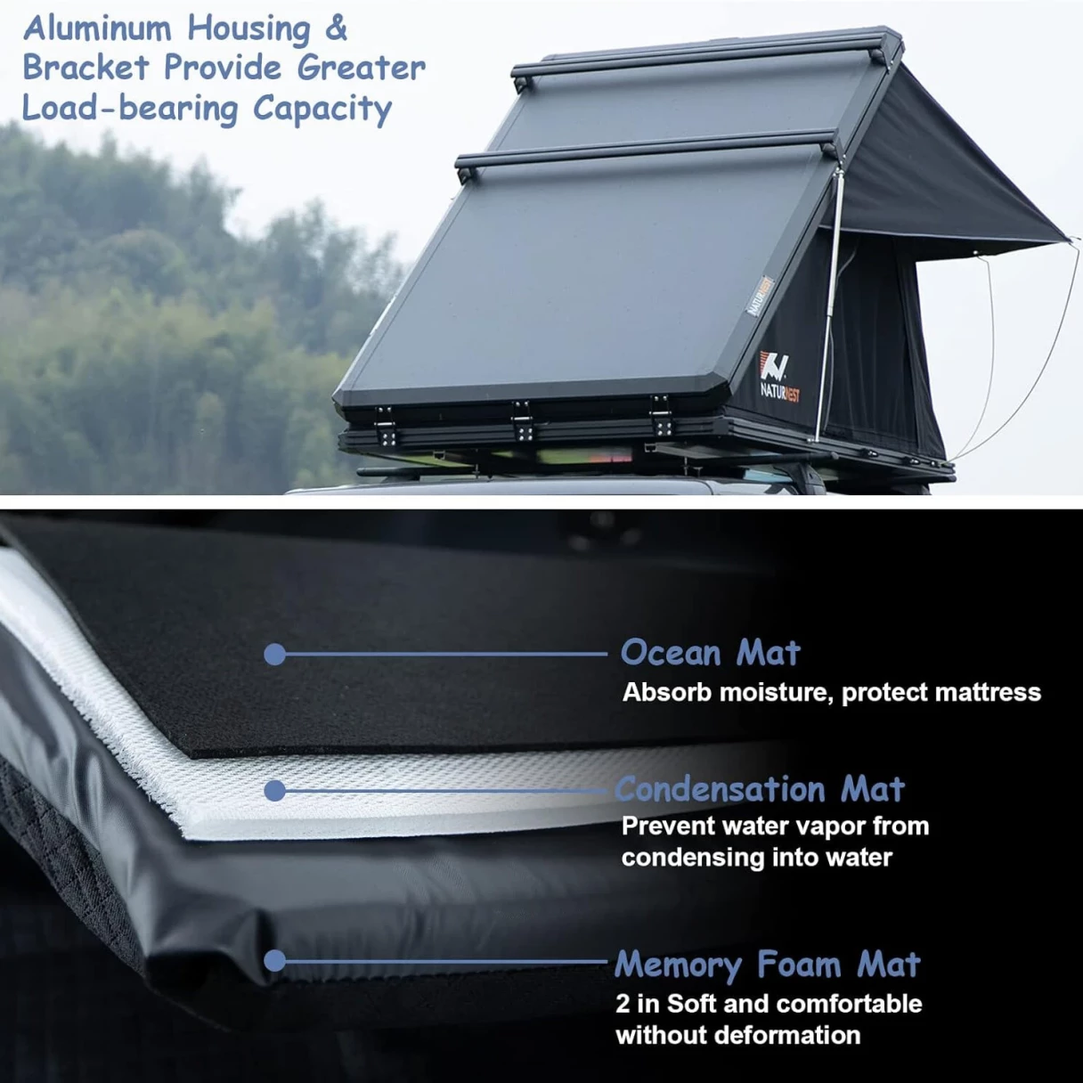 [DE Direct] NATURNEST Car Tent, 2-3 Person Rooftop Tent, Aluminum Frame, Truck Roof Top Tent, Truck Camping Bed Tent, 2in Thick Mattress, Camping Tent Hard Shell with Latch, Waterproof, UV Protection, for SUV, Truck