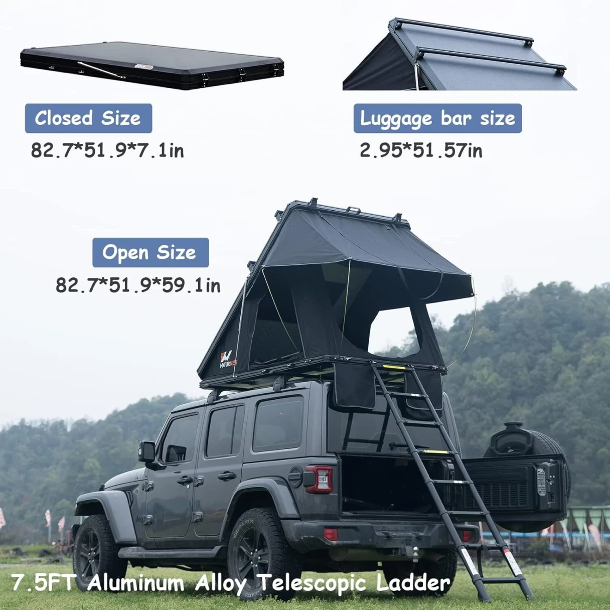 [DE Direct] NATURNEST Car Tent, 2-3 Person Rooftop Tent, Aluminum Frame, Truck Roof Top Tent, Truck Camping Bed Tent, 2in Thick Mattress, Camping Tent Hard Shell with Latch, Waterproof, UV Protection, for SUV, Truck