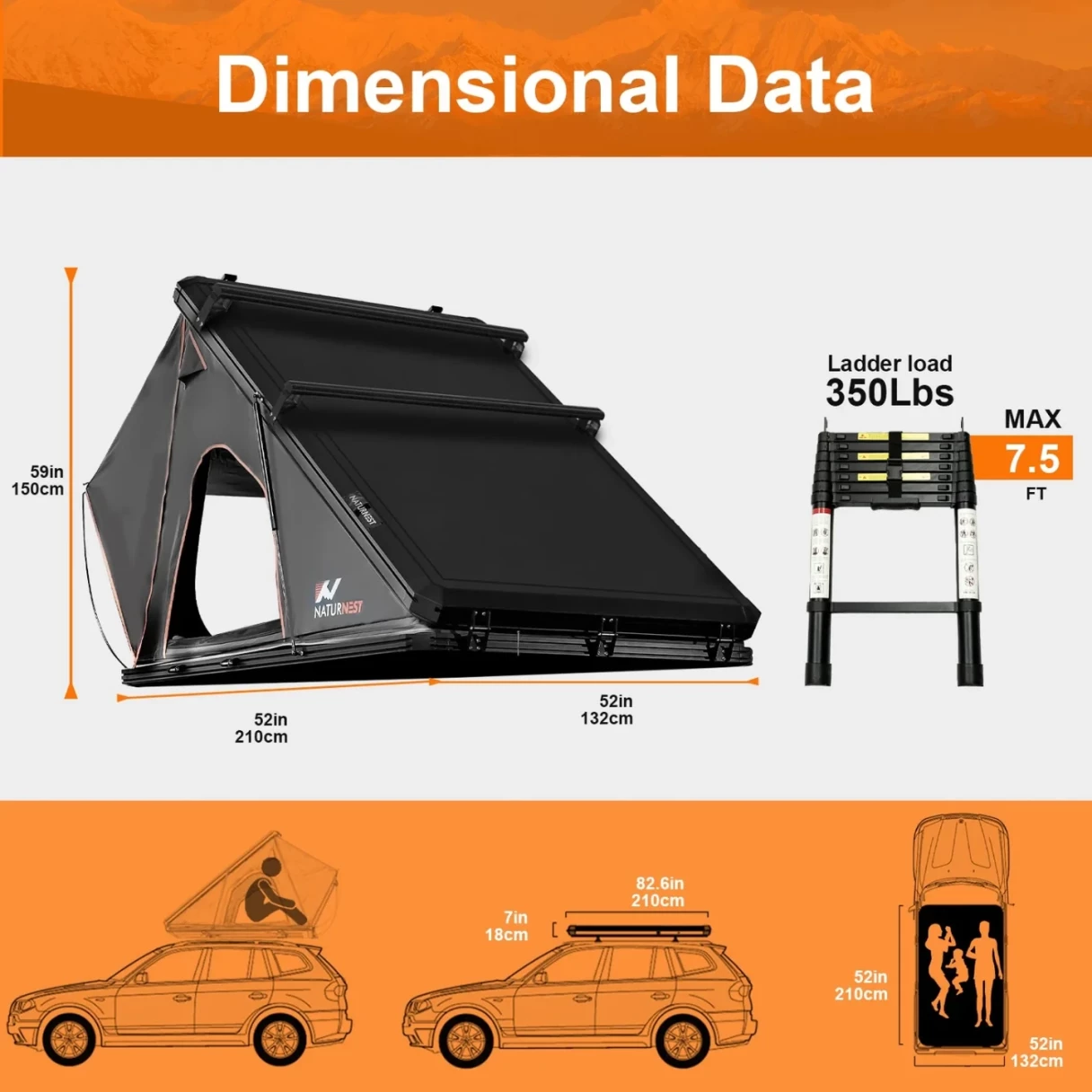 [DE Direct] NATURNEST Car Tent, 2-3 Person Rooftop Tent, Aluminum Frame, Truck Roof Top Tent, Truck Camping Bed Tent, 2in Thick Mattress, Camping Tent Hard Shell with Latch, Waterproof, UV Protection, for SUV, Truck