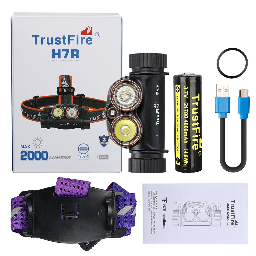 Trustfire H7R 2000 Lumen Red White 4000K CRI95 Head LED Headlamp Work Light USB Rechargeable with Spotlight Floodlight LED Headlight