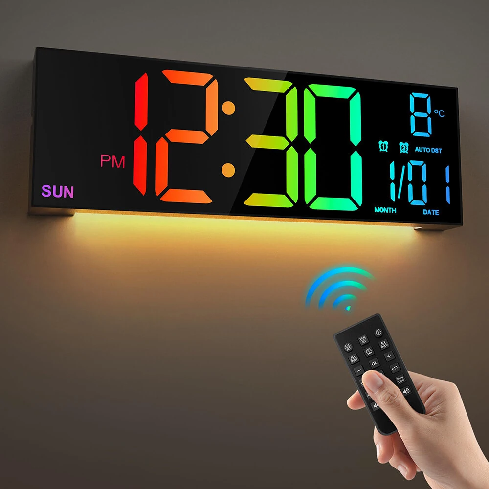 16 Inch Large LED Digital Wall Clock With Remote Control Dymamic RGB Display Automatic Brightness Date Temperature Night Light Gym Clock Suitable For Living Room Bedroom Office Wall Decoration