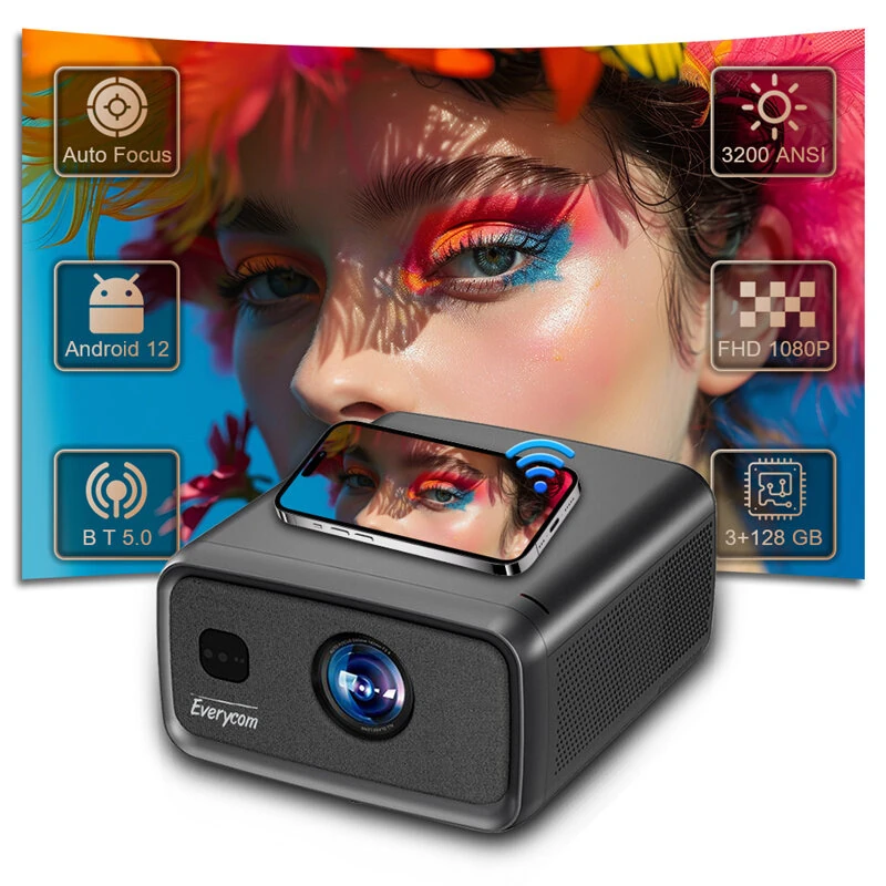 Everycom CubeLite Ultra Android 15.0 Projector 8-Core CPU 3200 ANSI Lumens 1080P 4K MEMC HDR10 3GB RAM 128GB ROM Auto Focus Keystone Built-in 3x4Ω10W Speaker WIFi6&BT5.0 Smart Home Cinema Theater