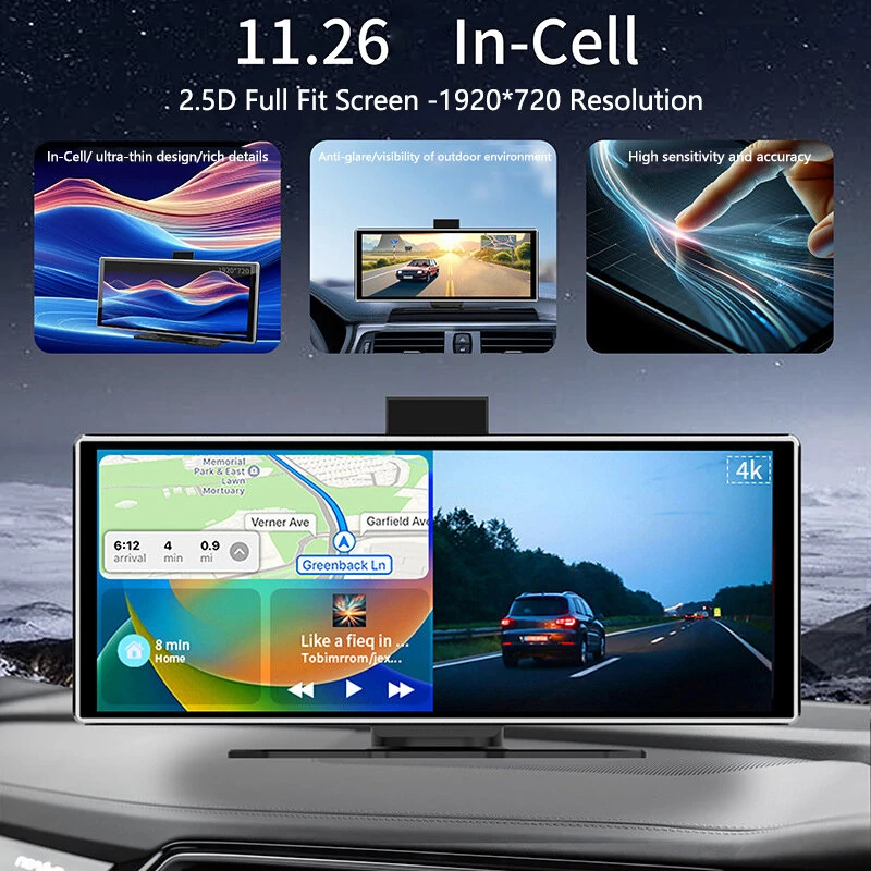 YUEHOO 11.26'' Carplay Car Stereo 4K Dash Cam HD Touchscreen Wireless Bluetooth MP5 Multimedia Player Driving Recorder With Front 1080P Rear Camer Dual Recording Lens GPS Navigation