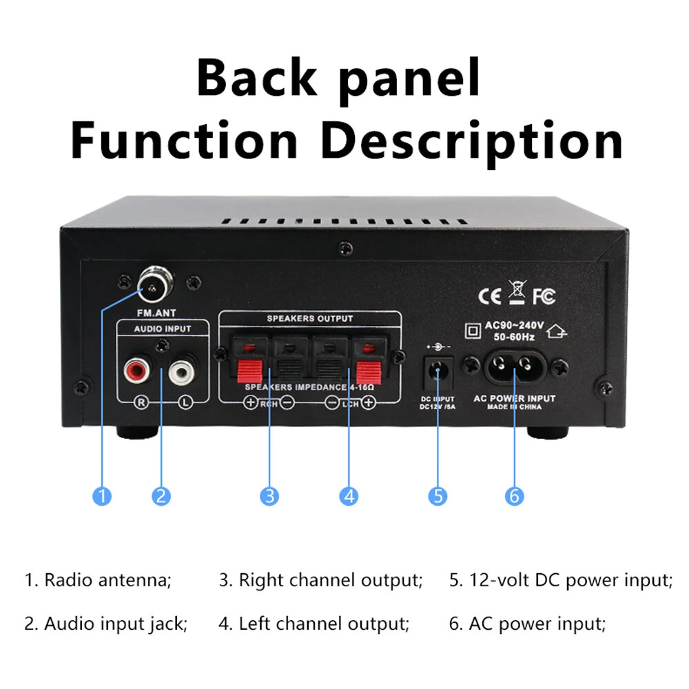 AK45 Stereo Audio Amplifier 2.0 Channel Bluetooth FM Radio USB SD Card Input Bass Treble Control Compact Amplifier