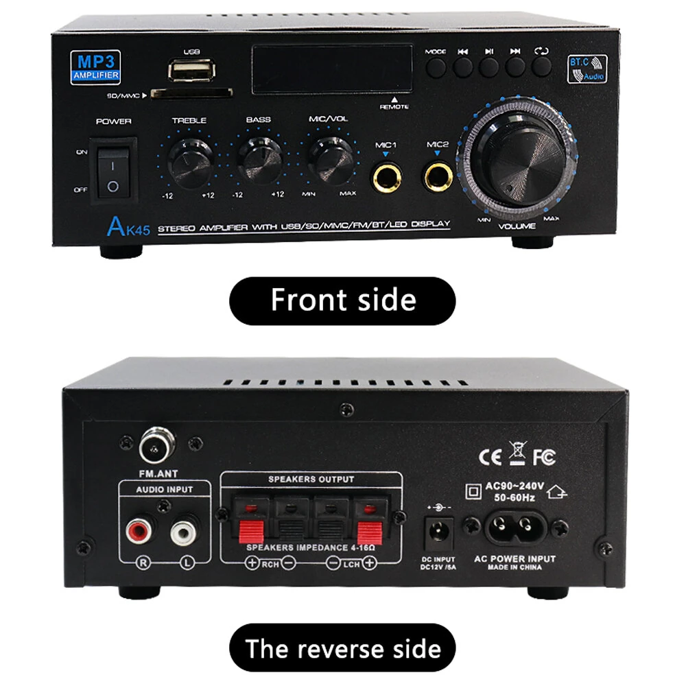 AK45 Stereo Audio Amplifier 2.0 Channel Bluetooth FM Radio USB SD Card Input Bass Treble Control Compact Amplifier