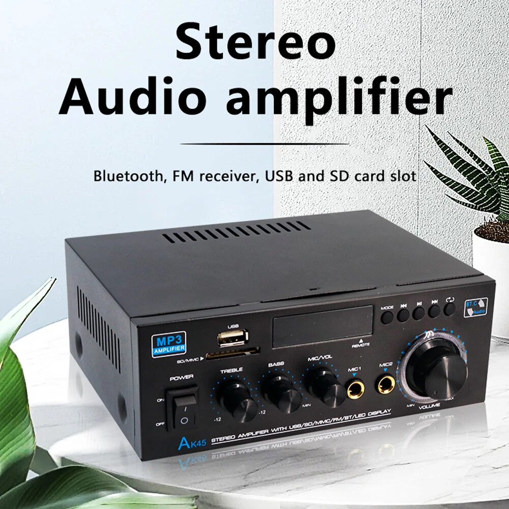 AK45 Stereo Audio Amplifier 2.0 Channel Bluetooth FM Radio USB SD Card Input Bass Treble Control Compact Amplifier