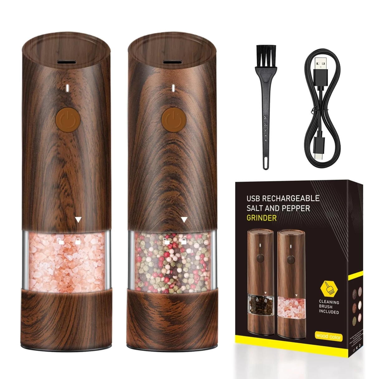 500mAh Electric Pepper Grinder in Wood Grain Color Electric Salt and Pepper Grinder Set with 6 Adjustable Coarseness Adjustable Ceramic Core with LED Light USB Rechargeable