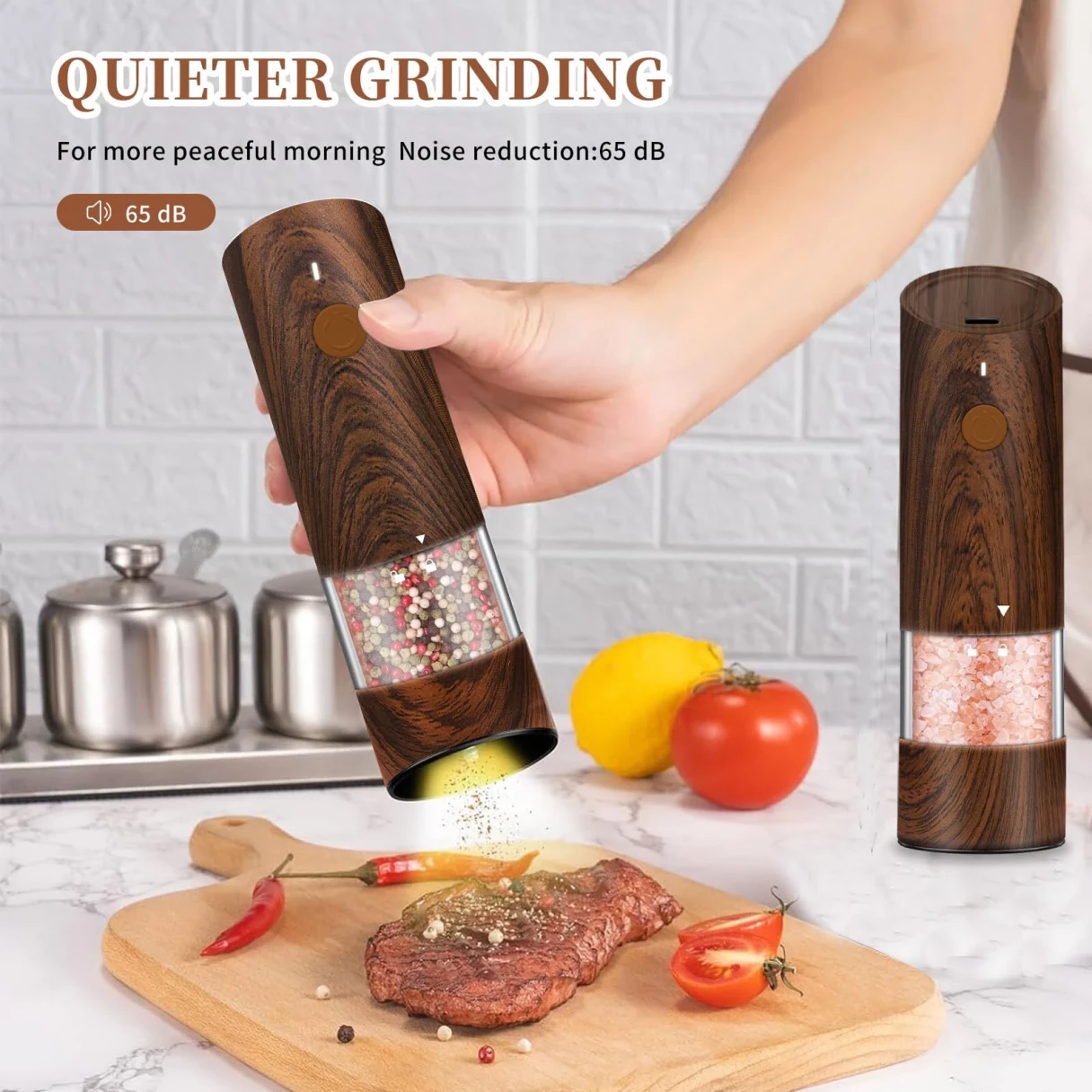 500mAh Electric Pepper Grinder in Wood Grain Color Electric Salt and Pepper Grinder Set with 6 Adjustable Coarseness Adjustable Ceramic Core with LED Light USB Rechargeable