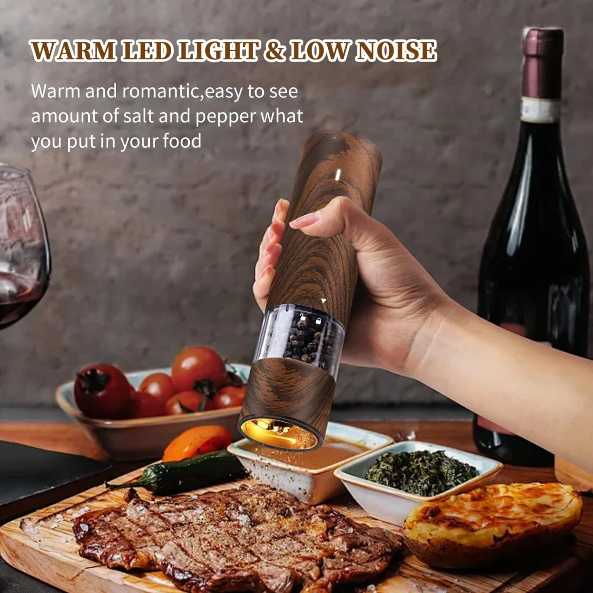 500mAh Electric Pepper Grinder in Wood Grain Color Electric Salt and Pepper Grinder Set with 6 Adjustable Coarseness Adjustable Ceramic Core with LED Light USB Rechargeable