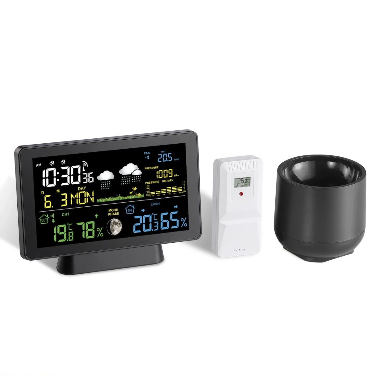 Multi-function Professional Weather Station Alarm Clock Wireless Indoor Outdoor Thermometer With Rain Gauge/ Temperature/  Humidity/ Rainfall Monitoring/ Atmospheric Pressure Intelligent Color Screen Clock