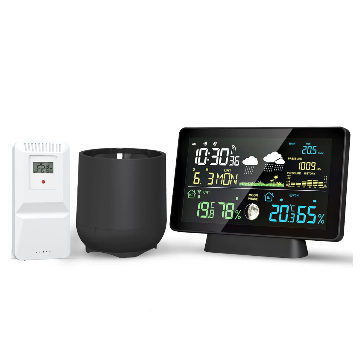 Multi-function Professional Weather Station Alarm Clock Wireless Indoor Outdoor Thermometer With Rain Gauge/ Temperature/  Humidity/ Rainfall Monitoring/ Atmospheric Pressure Intelligent Color Screen Clock