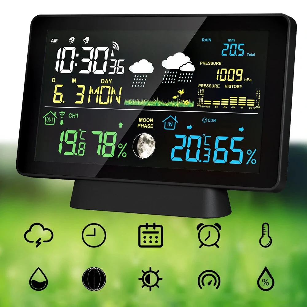Multi-function Professional Weather Station Alarm Clock Wireless Indoor Outdoor Thermometer With Rain Gauge/ Temperature/  Humidity/ Rainfall Monitoring/ Atmospheric Pressure Intelligent Color Screen Clock