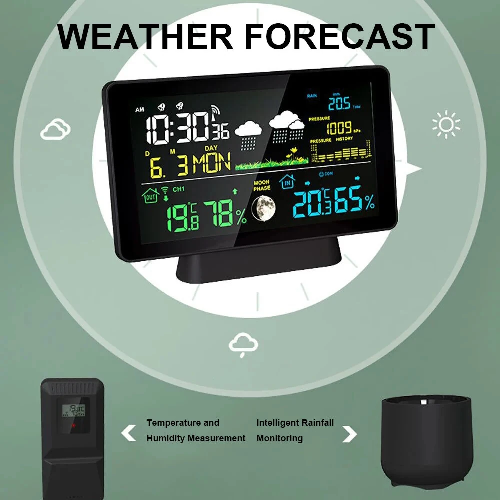 Multi-function Professional Weather Station Alarm Clock Wireless Indoor Outdoor Thermometer With Rain Gauge/ Temperature/  Humidity/ Rainfall Monitoring/ Atmospheric Pressure Intelligent Color Screen Clock