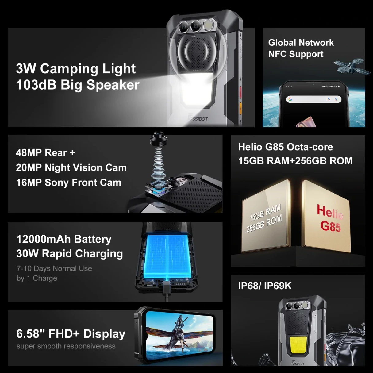 [EU Direct] FOSSiBOT F106 Pro 15GB 256GB Loudspeaker 3W Camping lights 48MP Android 14 12000mAh 30W Fast Charging 6.58 inch Helio G85 NFC IP68 IP69K Waterproof 4G Rugged Smartphone