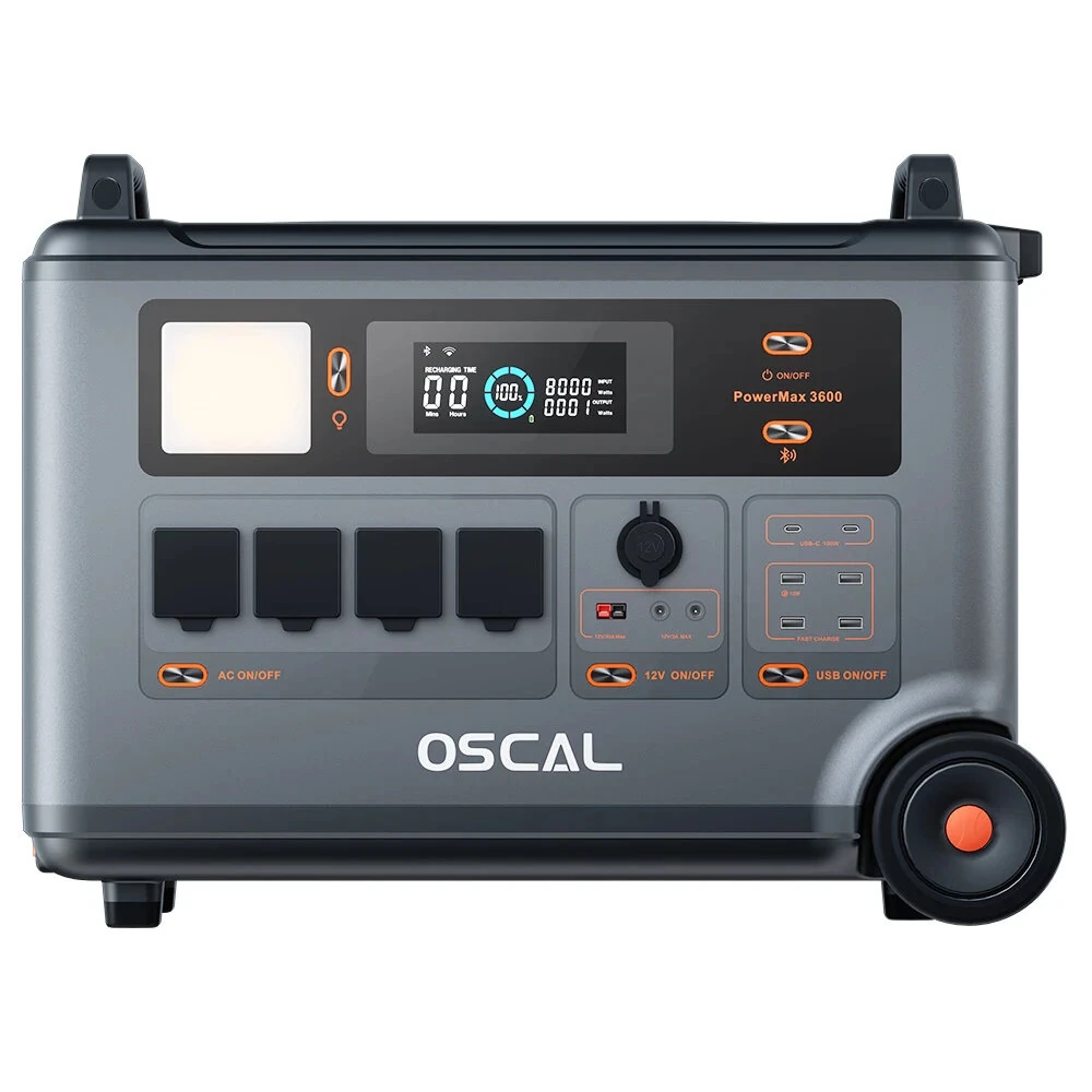 [EU Direct] Blackview Oscal PowerMax 3600 Rugged Power Station + BP3600 3600Wh Extra Battery Pack + 2*PM200 200W Solar Panel, 3600Wh to 57600Wh LiFePO4 Battery, 14 Outlets, 5 LED Light Modes, Morse Code Signal