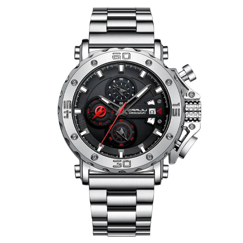 CRRJU Men's Quartz Chronograph Watch Stainless Steel Strap Waterproof Large Dial Luminous Sport Wristwatch with Date Function