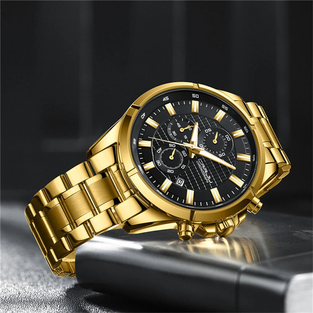 CRRJU Fashion Waterproof Luminous Men Watch Business Casual Multifunctional Chronograph Date Quartz Wristwatch