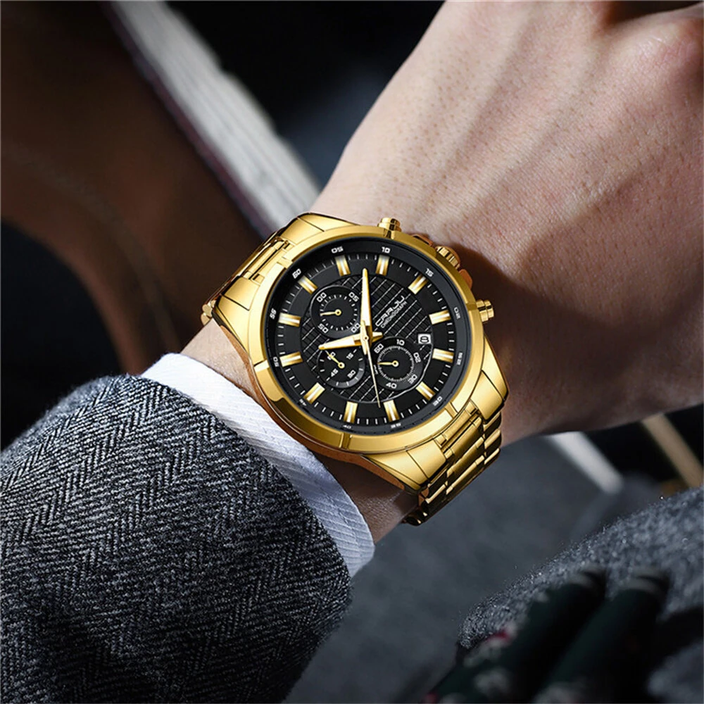 CRRJU Fashion Waterproof Luminous Men Watch Business Casual Multifunctional Chronograph Date Quartz Wristwatch