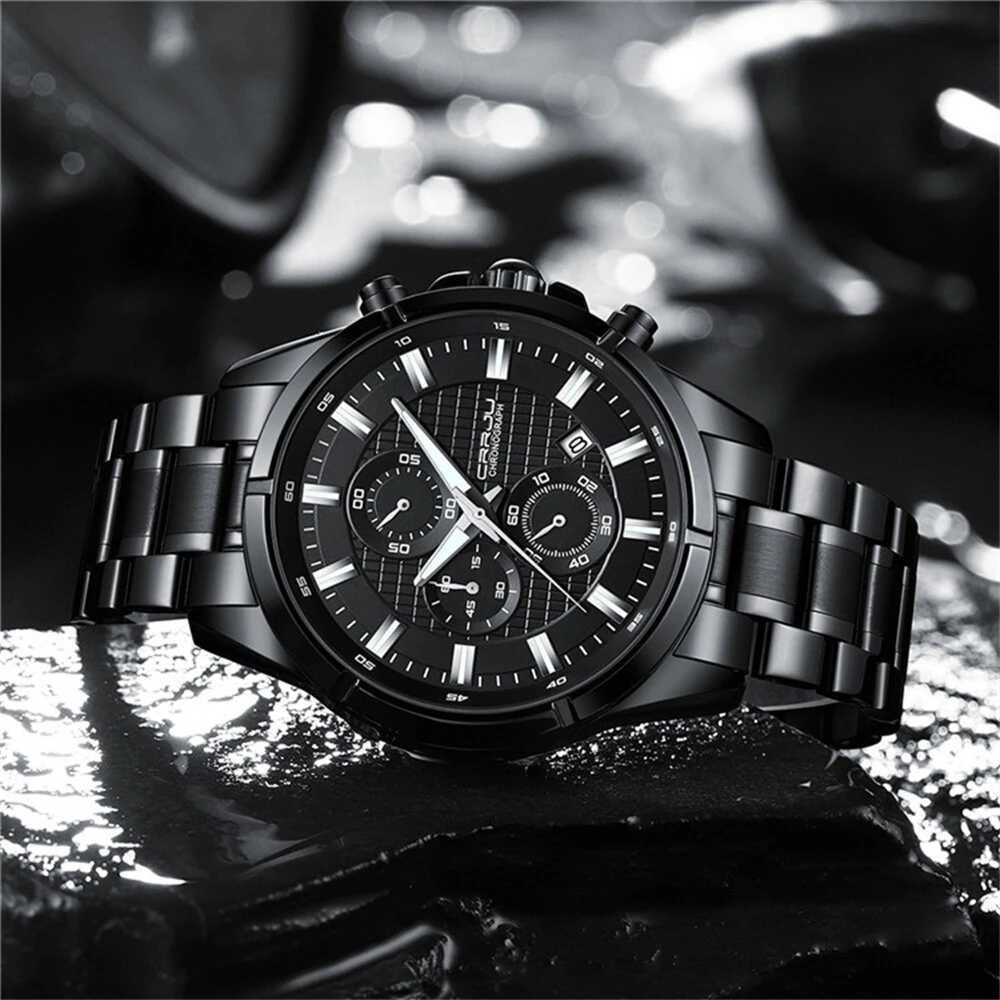 CRRJU Fashion Waterproof Luminous Men Watch Business Casual Multifunctional Chronograph Date Quartz Wristwatch
