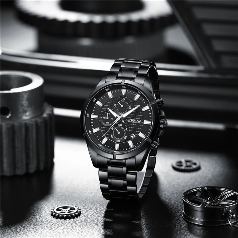 CRRJU Fashion Waterproof Luminous Men Watch Business Casual Multifunctional Chronograph Date Quartz Wristwatch