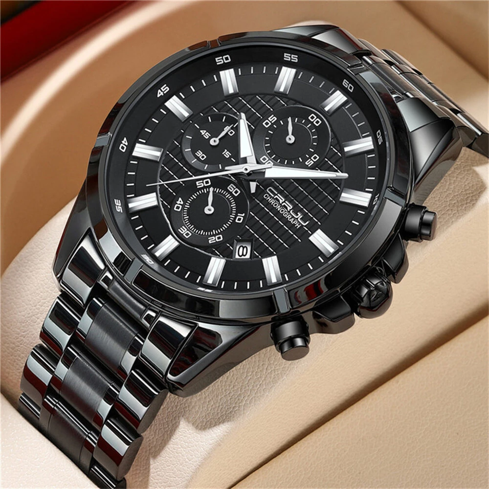 CRRJU Fashion Waterproof Luminous Men Watch Business Casual Multifunctional Chronograph Date Quartz Wristwatch
