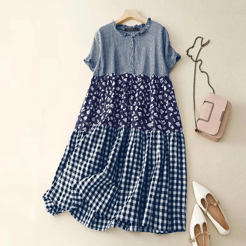 ZANZEA Women Loose Patchwork Check Floral Dress Stylish Short Sleeve Pleated Crew Neck Shirt Dress for Women Plus Size