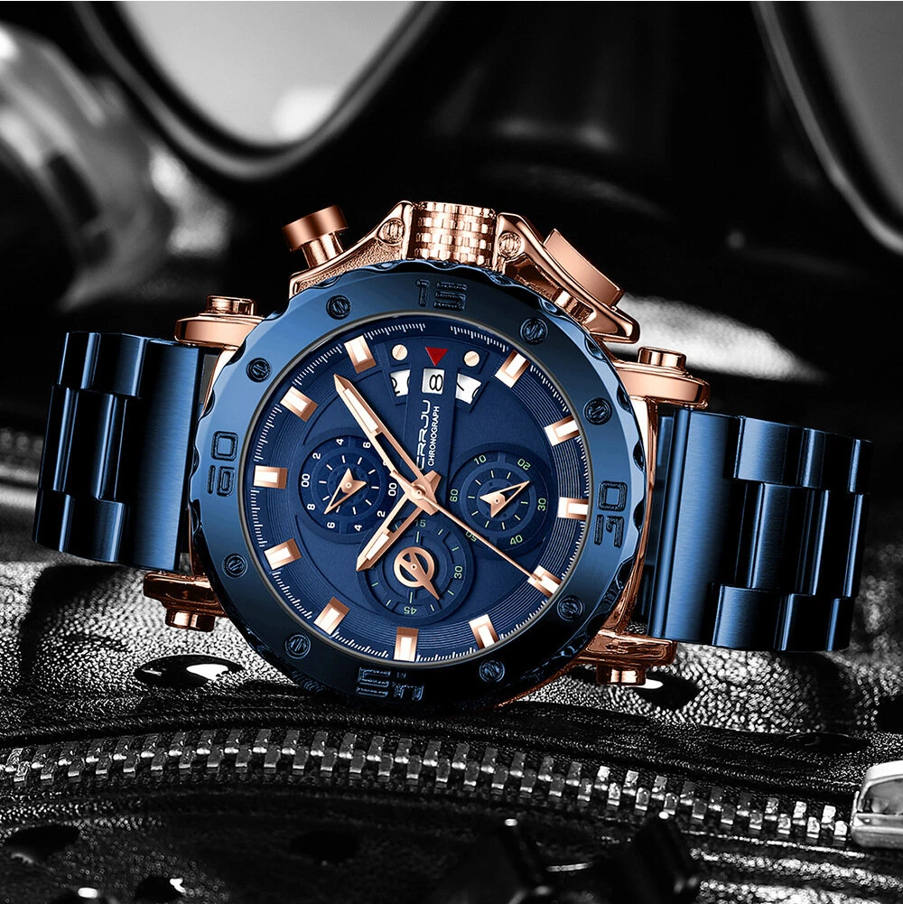 CRRJU Men's Quartz Chronograph Watch Stainless Steel Strap Waterproof Large Dial Luminous Sport Wristwatch with Date Function
