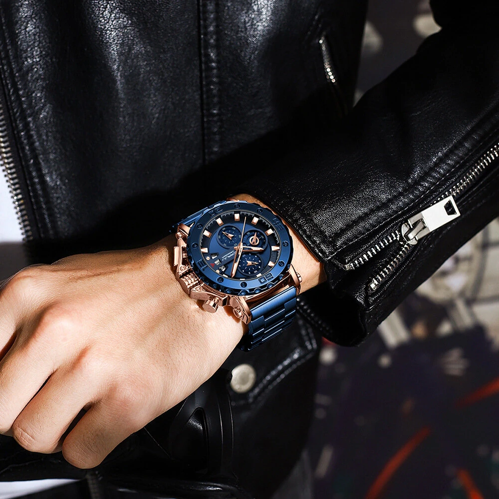 CRRJU Men's Quartz Chronograph Watch Stainless Steel Strap Waterproof Large Dial Luminous Sport Wristwatch with Date Function