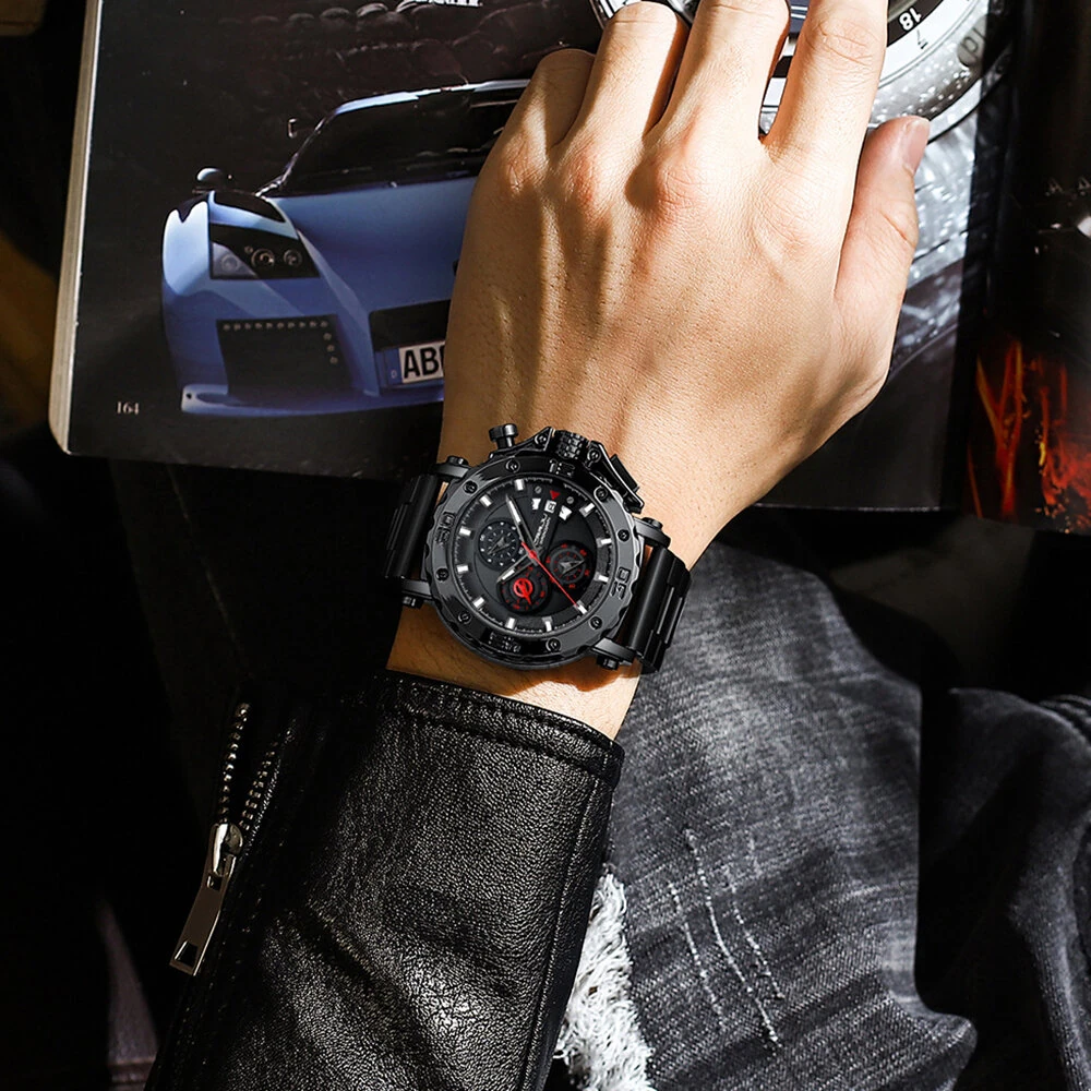 CRRJU Men's Quartz Chronograph Watch Stainless Steel Strap Waterproof Large Dial Luminous Sport Wristwatch with Date Function