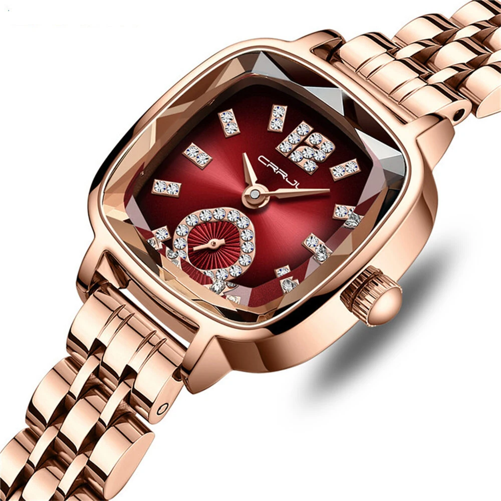 CRRJU Stainless Steel Women Watch Square Luxury Rhinestone Quartz Watch Business Waterproof Fashion Wrist Watch
